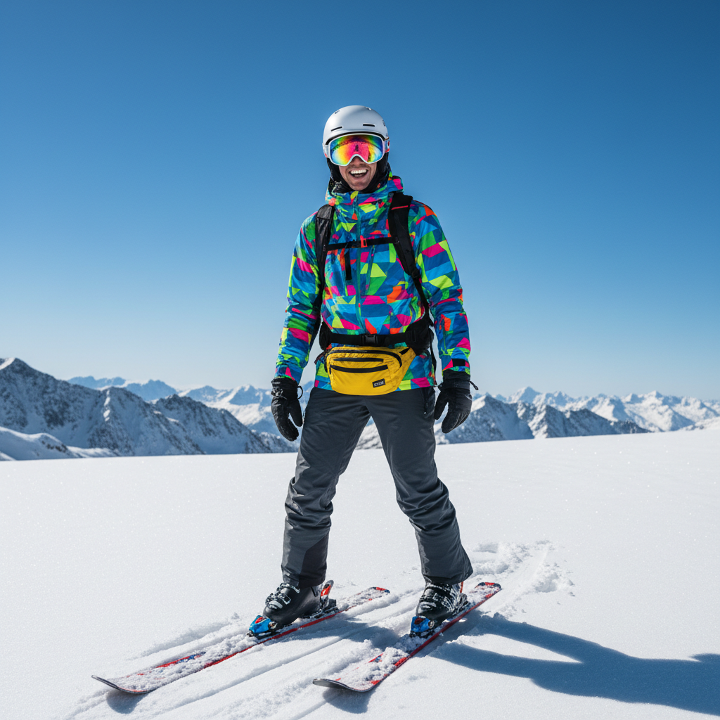 full-body-photo-of-a-happy-skier-standing-in-bright-sunlit-snow-facing-camera-wearing-a-vibrant-colorful-ski-jacket-a-ski-helmet-mirrored-rainbow-goggles-a-backpack-a-waist-bag-at-the.png